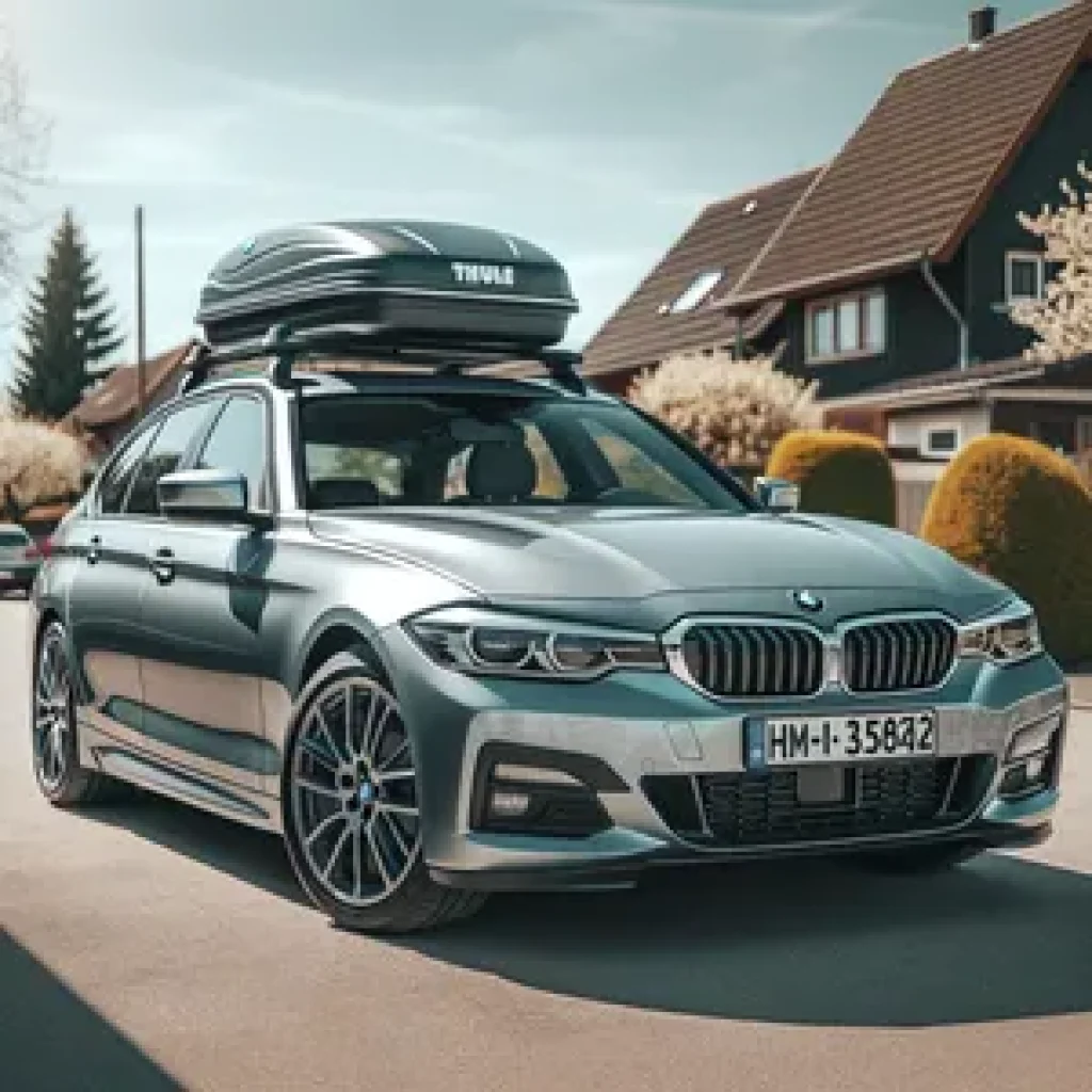 BMW série 3 grise avec un coffre de toit Thule installé sur les barres de toit, garée dans un quartier résidentiel avec des maisons et des arbres en arrière-plan.