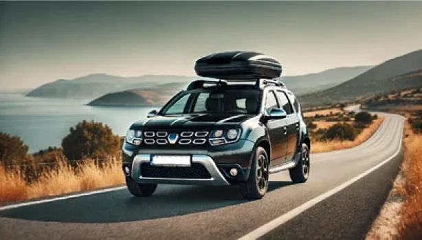Voiture Dacia Duster équipée d'un coffre de toit noir, roulant sur une route de vacances.