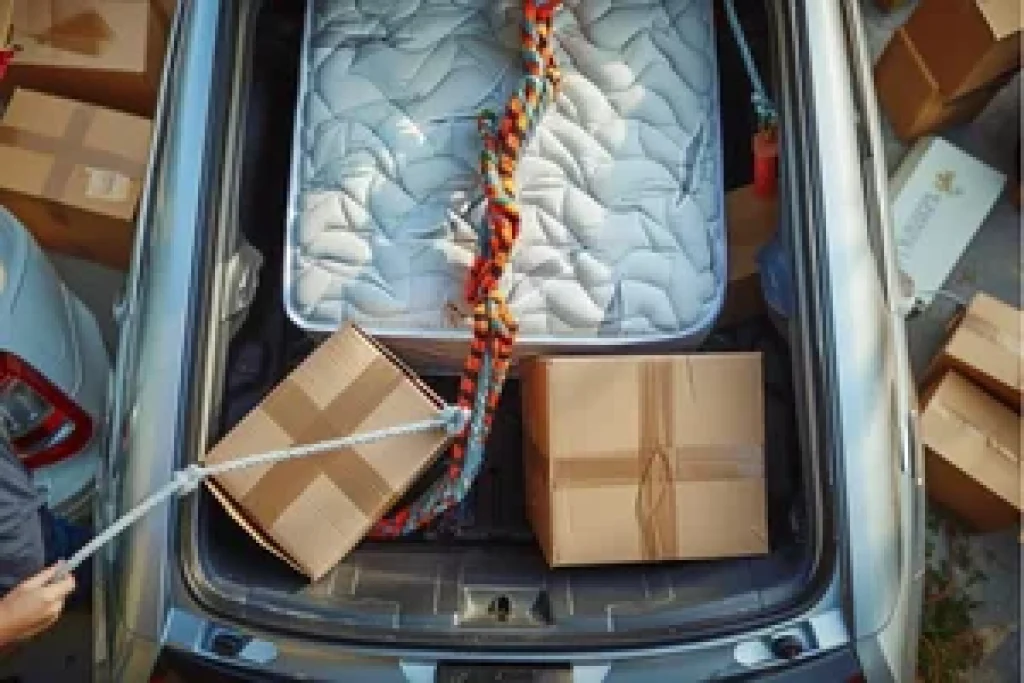 Vue de l'arrière d'une voiture avec un matelas chargé dans le coffre, sécurisé à l'aide de cordes, accompagné de cartons de déménagement